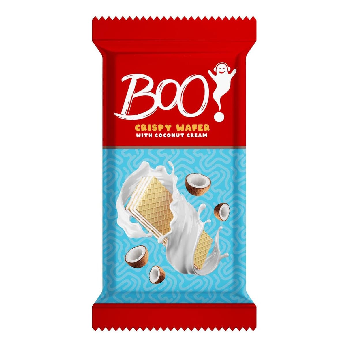 A red Boo! wafer wrapper with a blue panel, the wafer shown mid-splash of cream.