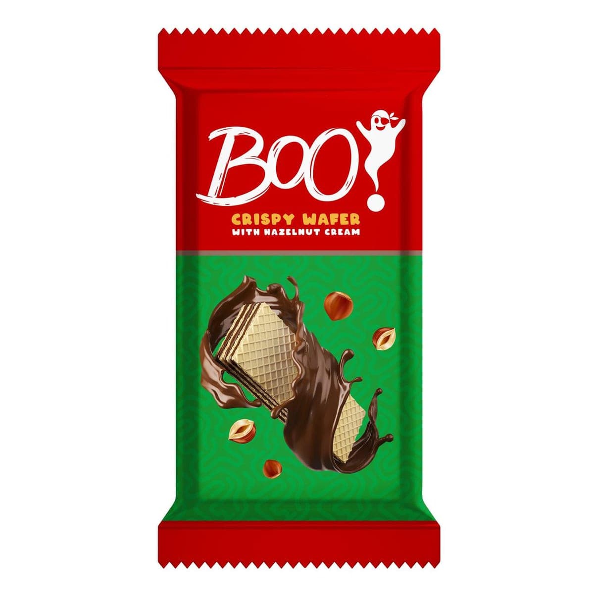 A red Boo! wafer wrapper with a green panel, the wafer shown mid-splash of cream.