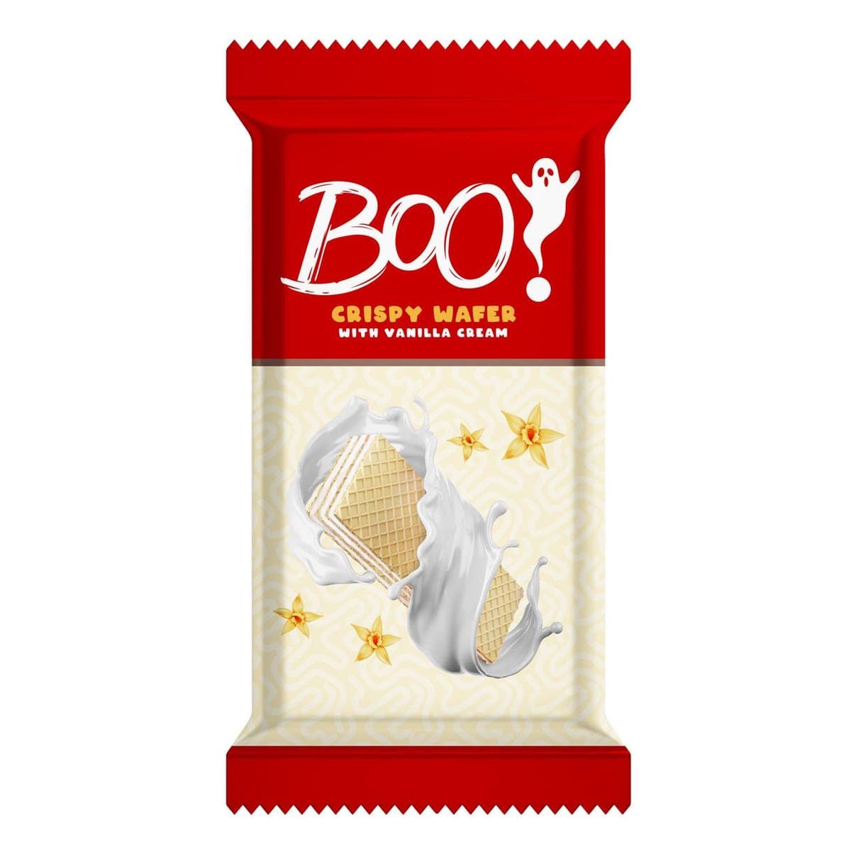 A red Boo! wafer wrapper with a cream panel, the wafer shown mid-splash of cream.